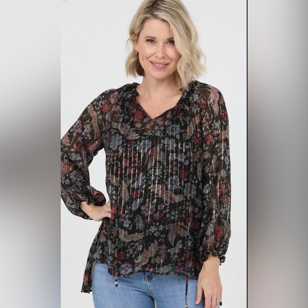 Asure Black Lurex  Floral Print Tunic Top Shirt